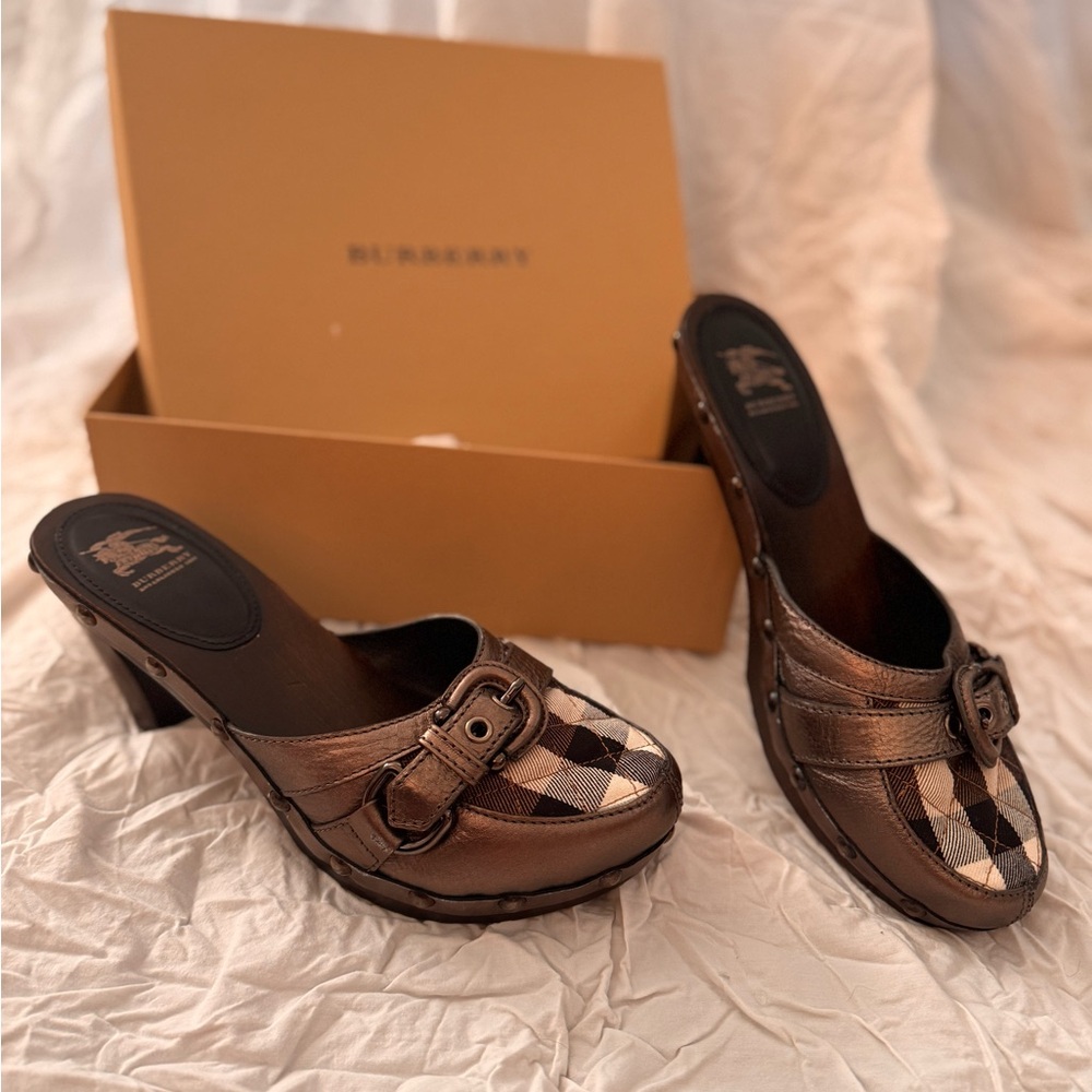 Burberry Checkered Brown/metallic grey Leather Mules